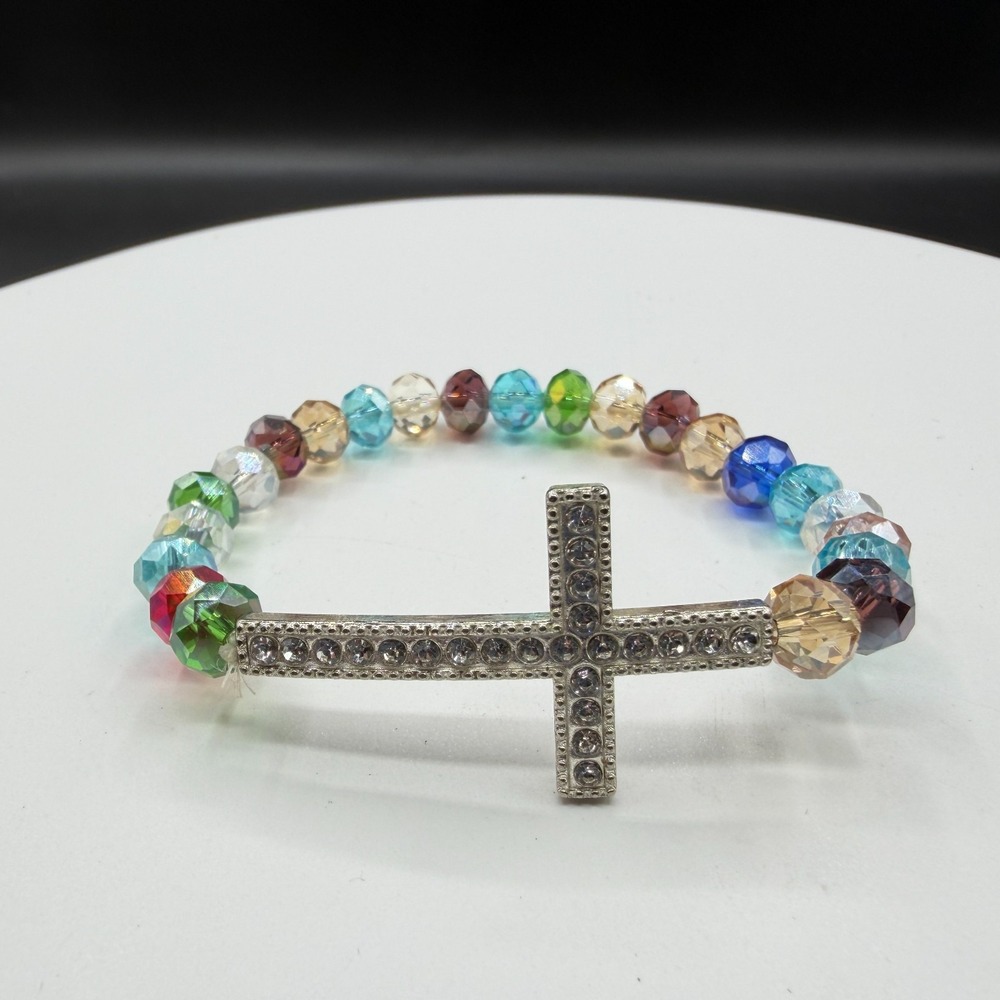 Crystal Cross Stretch Bracelet Multicolor Faceted Beads Religious Gift for Her